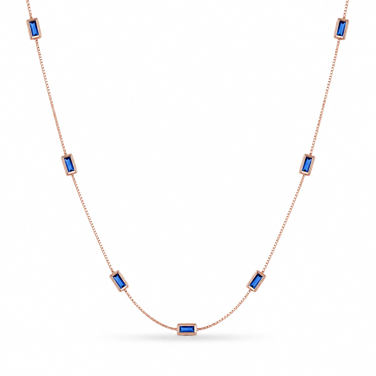925 Sterling Rose Gold Station Necklace for Women with Blue Baguette CZ Stones, Minimalist Dainty Chain Necklace for Everyday Wear