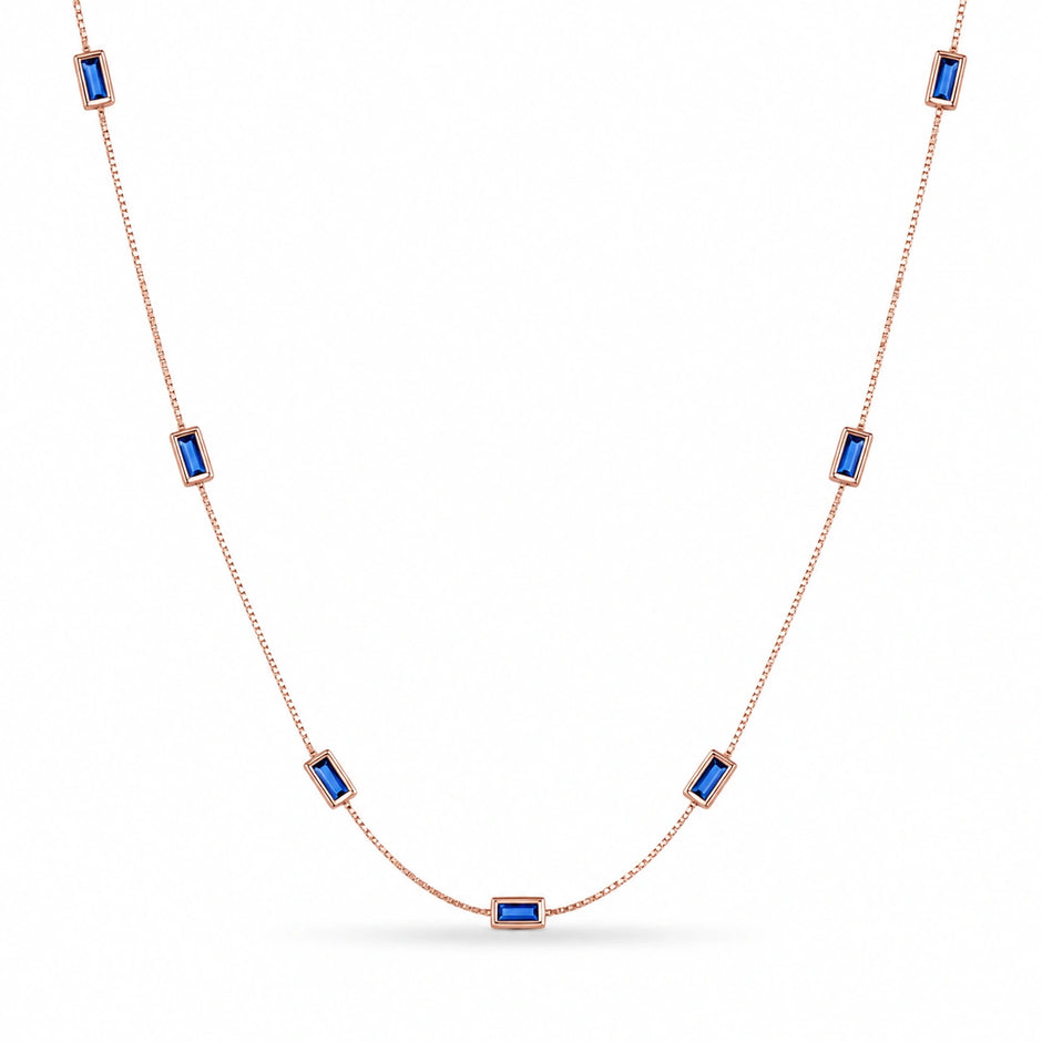 925 Sterling Rose Gold Station Necklace for Women with Blue Baguette CZ Stones, Minimalist Dainty Chain Necklace for Everyday Wear