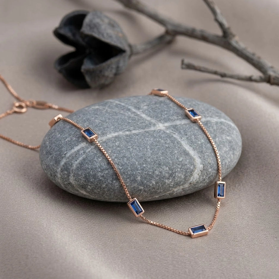 925 Sterling Rose Gold Station Necklace for Women with Blue Baguette CZ Stones, Minimalist Dainty Chain Necklace for Everyday Wear