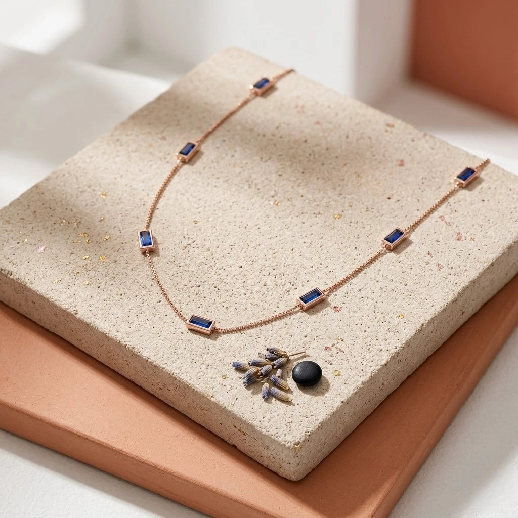 925 Sterling Rose Gold Station Necklace for Women with Blue Baguette CZ Stones, Minimalist Dainty Chain Necklace for Everyday Wear