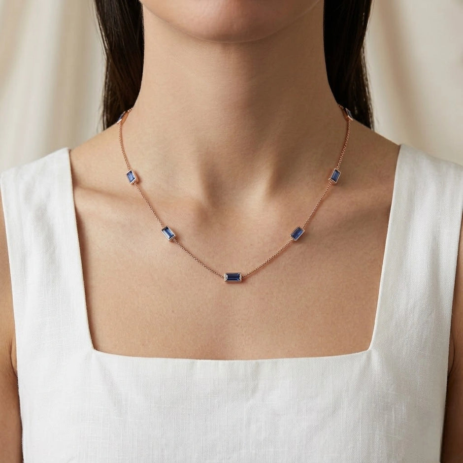 925 Sterling Rose Gold Station Necklace for Women with Blue Baguette CZ Stones, Minimalist Dainty Chain Necklace for Everyday Wear