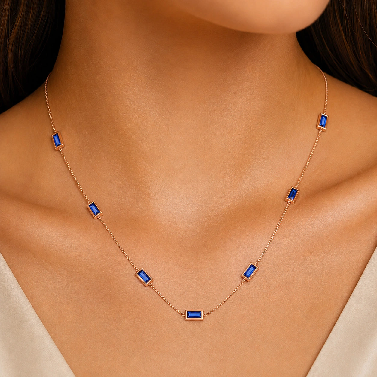 925 Sterling Rose Gold Station Necklace for Women with Blue Baguette CZ Stones, Minimalist Dainty Chain Necklace for Everyday Wear
