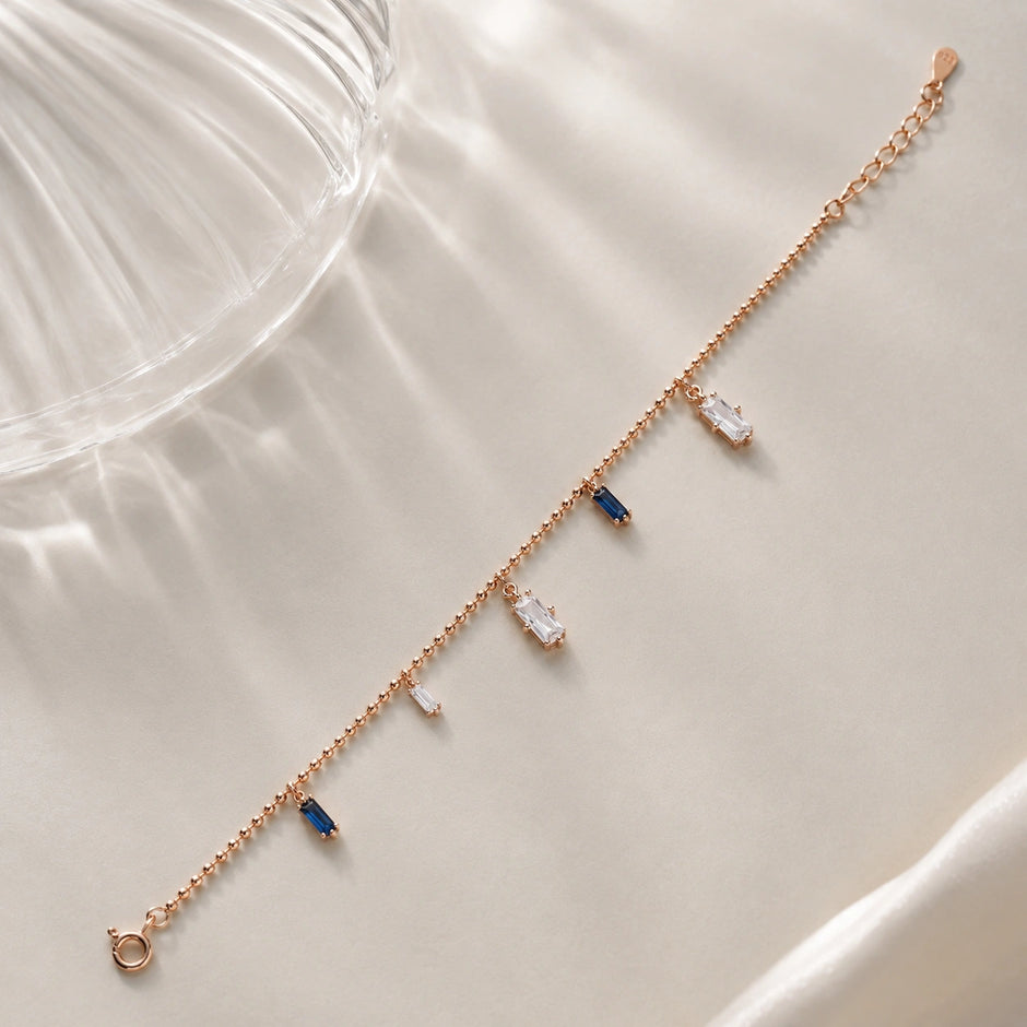 Rose gold 925 sterling silver bracelet with blue and white stones for women