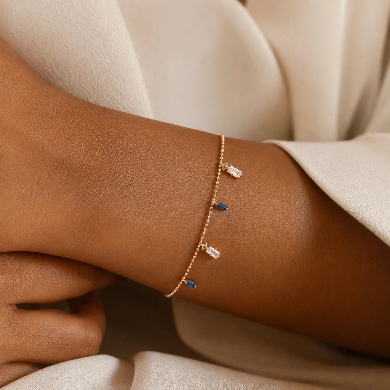 Rose gold 925 sterling silver bracelet with blue and white stones for women