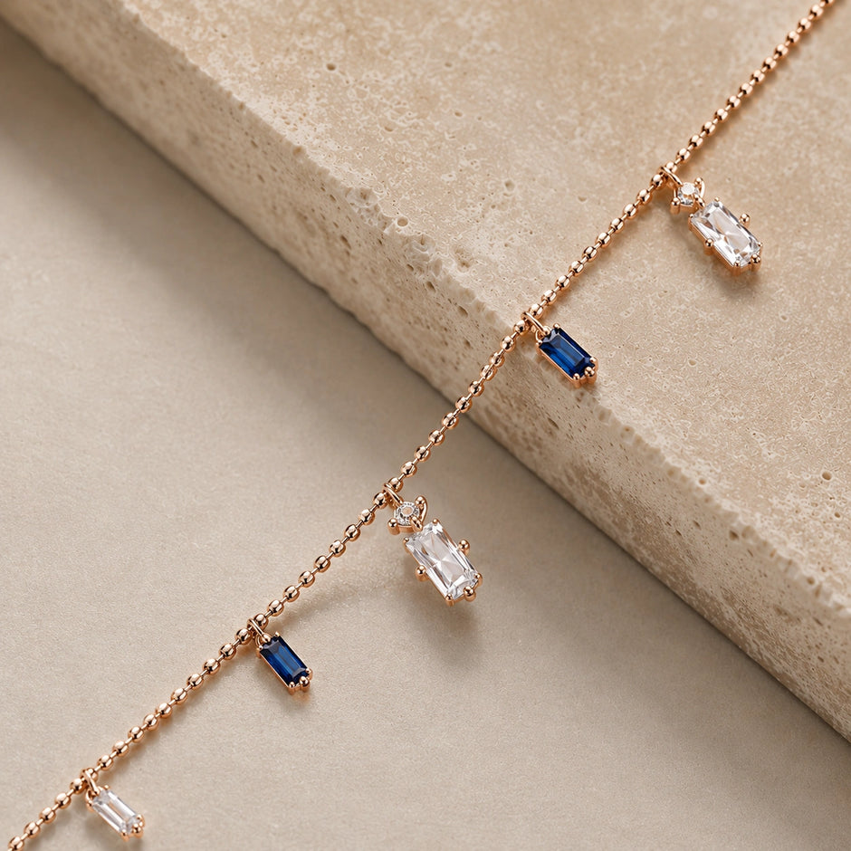 Rose gold 925 sterling silver bracelet with blue and white stones for women