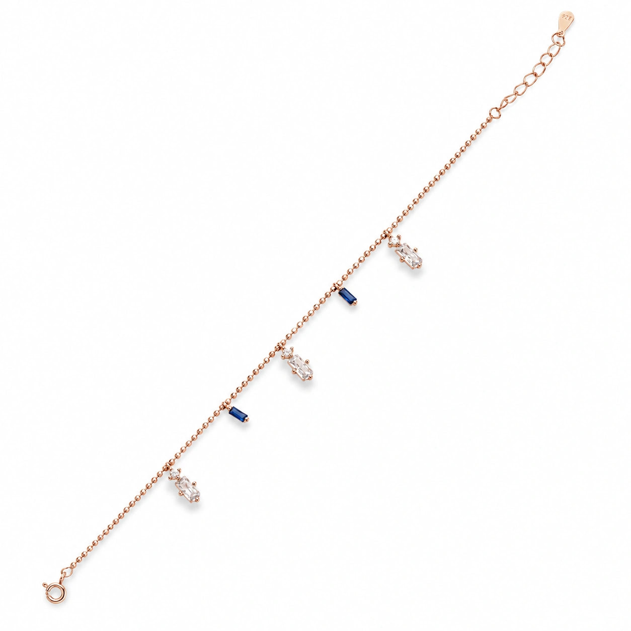Rose gold 925 sterling silver bracelet with blue and white stones for women
