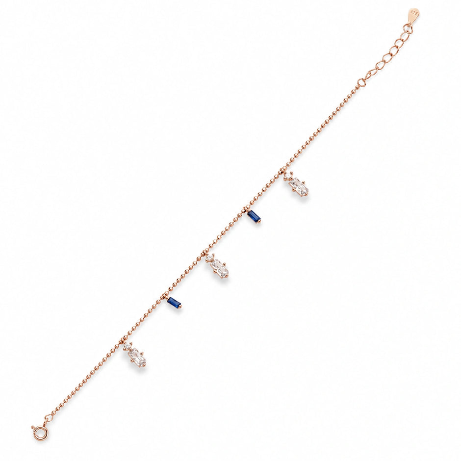 Rose gold 925 sterling silver bracelet with blue and white stones for women
