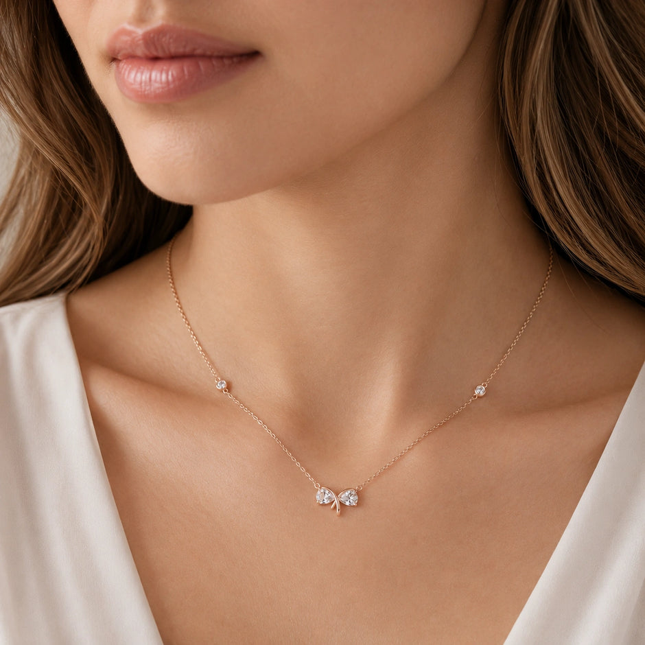 Rose Gold Bow CZ 925 Sterling Silver Pendant Chain for Women