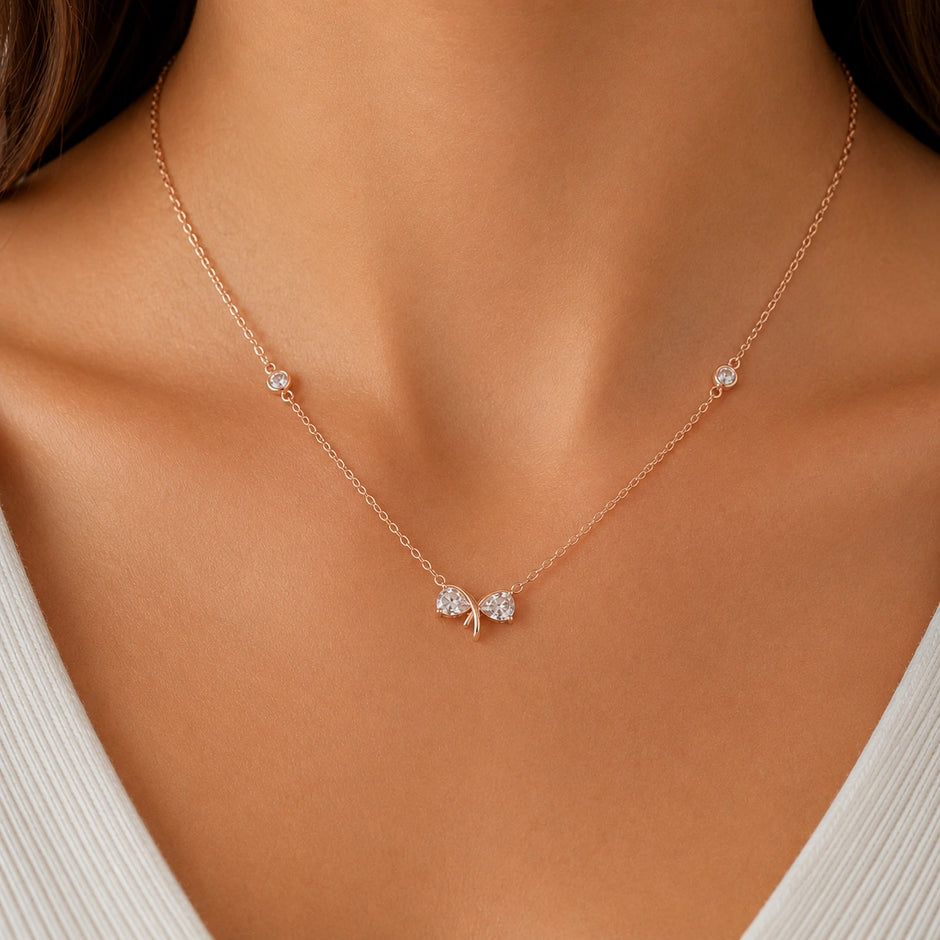 Rose Gold Bow CZ 925 Sterling Silver Pendant Chain for Women