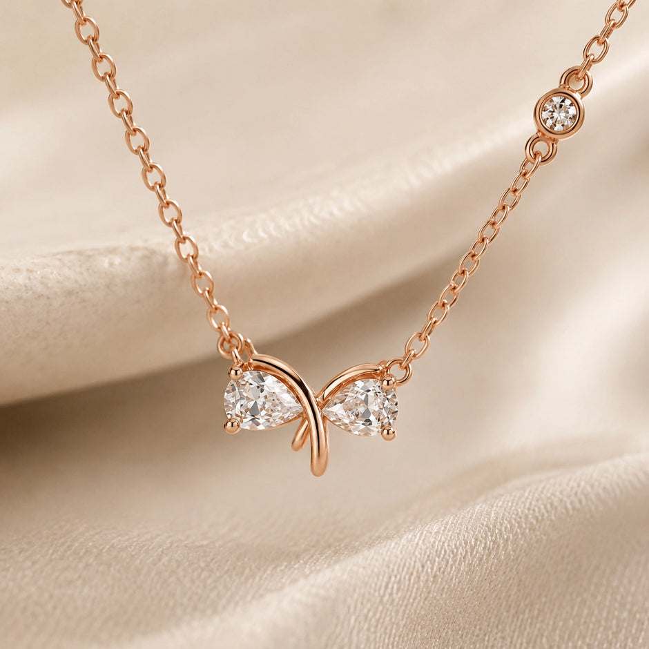 Rose Gold Bow CZ 925 Sterling Silver Pendant Chain for Women
