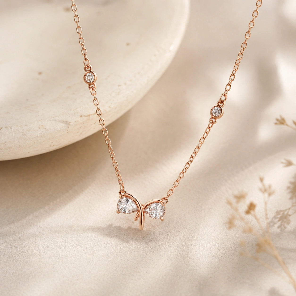 Rose Gold Bow CZ 925 Sterling Silver Pendant Chain for Women