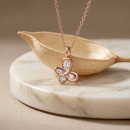 925 Sterling Silver Rose Gold Butterfly Pendant Necklace for Women with Pear Cut Cubic Zirconia, Elegant Minimalist Butterfly Necklace