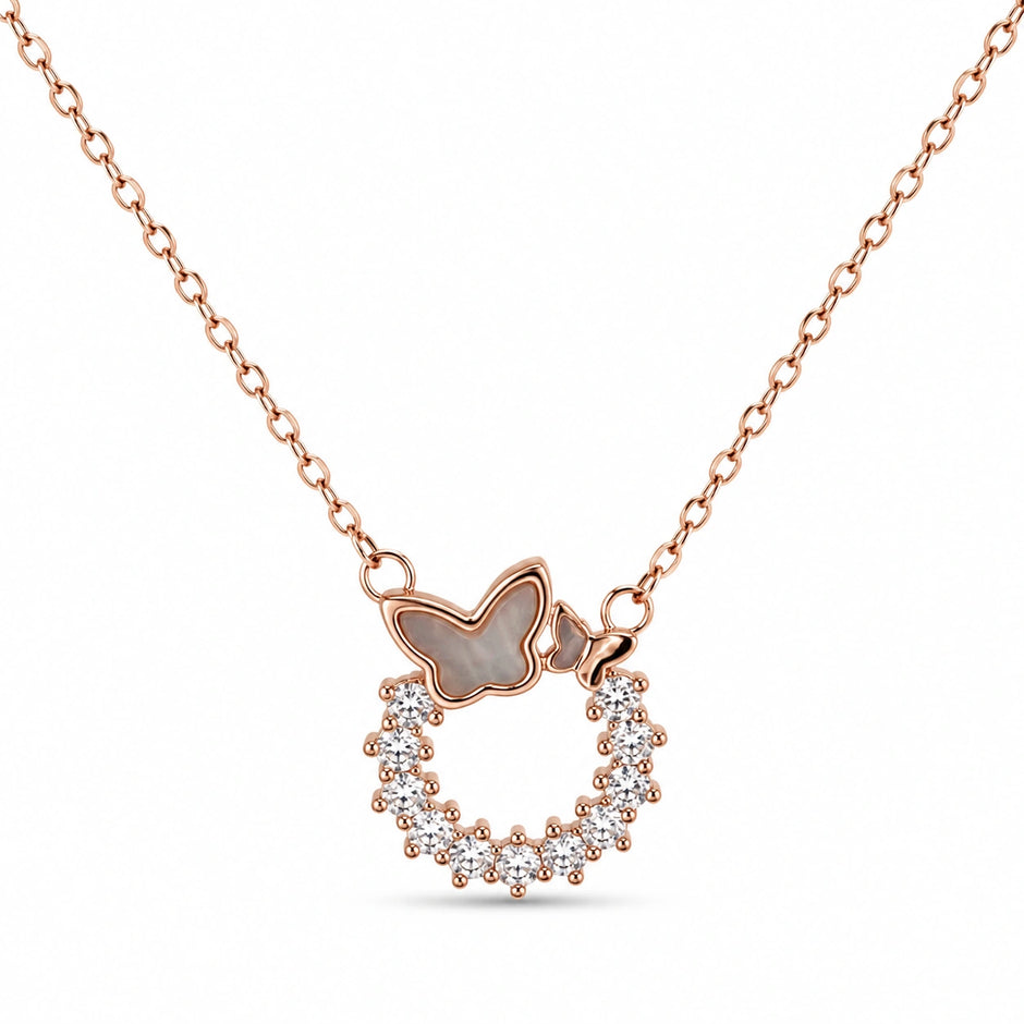 Rose Gold Butterfly Round CZ 925 Sterling Silver Pendant Chain for Women