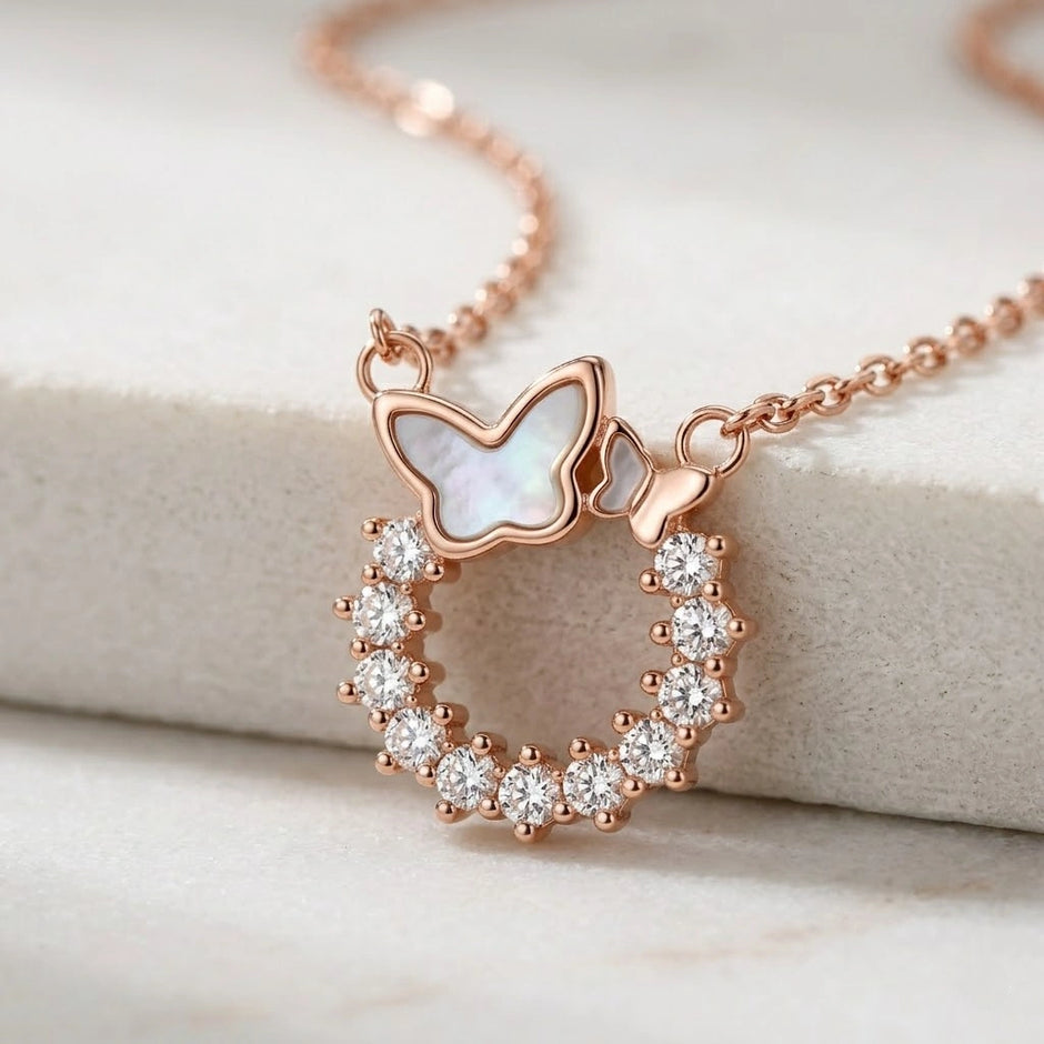 Rose Gold Butterfly Round CZ 925 Sterling Silver Pendant Chain for Women