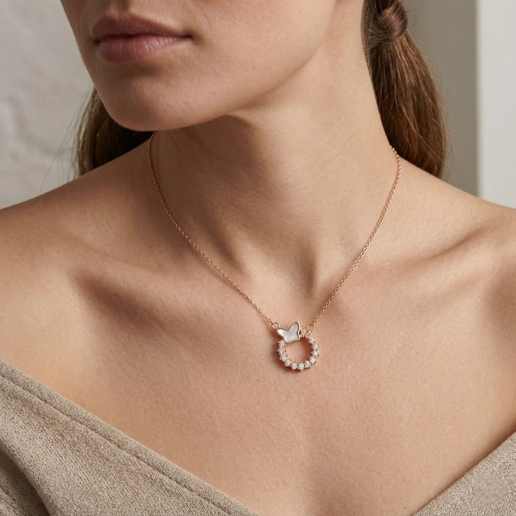 Rose Gold Butterfly Round CZ 925 Sterling Silver Pendant Chain for Women