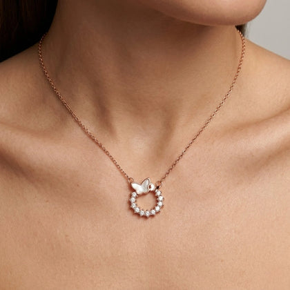925 Sterling Silver Rose Gold Butterfly Circle Pendant Necklace with CZ Stones and Mother of Pearl for Women