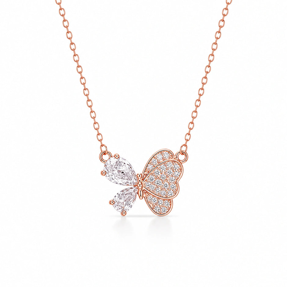 Rose Gold Butterfly & Teardrop Pendant 925 Sterling Silver Chain for Women