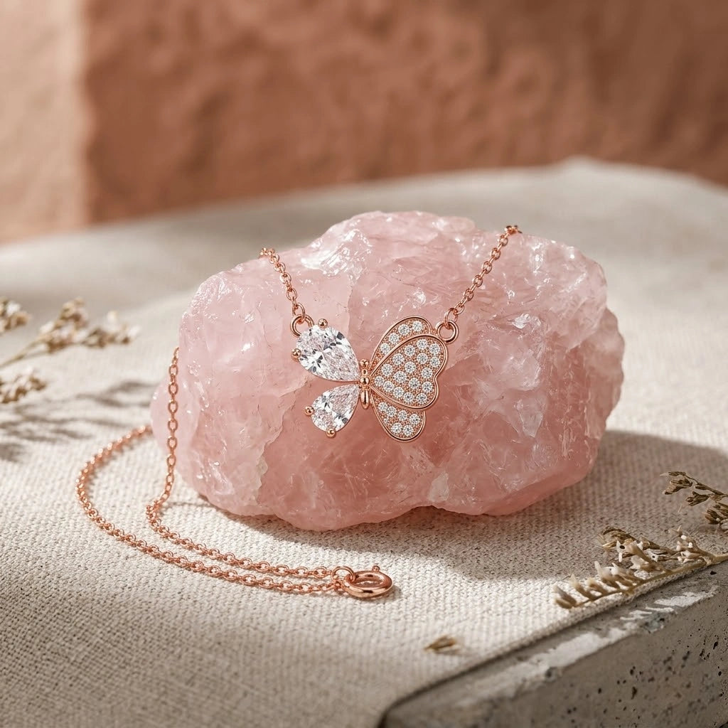 Rose Gold Butterfly & Teardrop Pendant 925 Sterling Silver Chain for Women