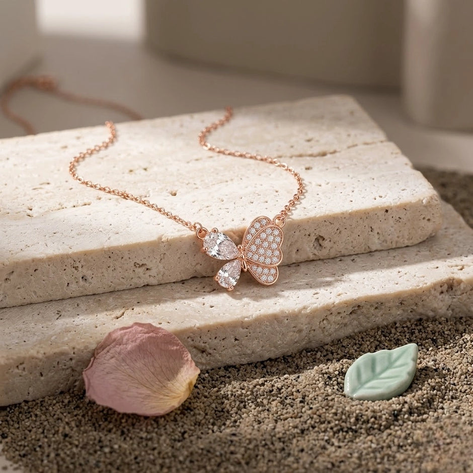 Rose Gold Butterfly & Teardrop Pendant 925 Sterling Silver Chain for Women