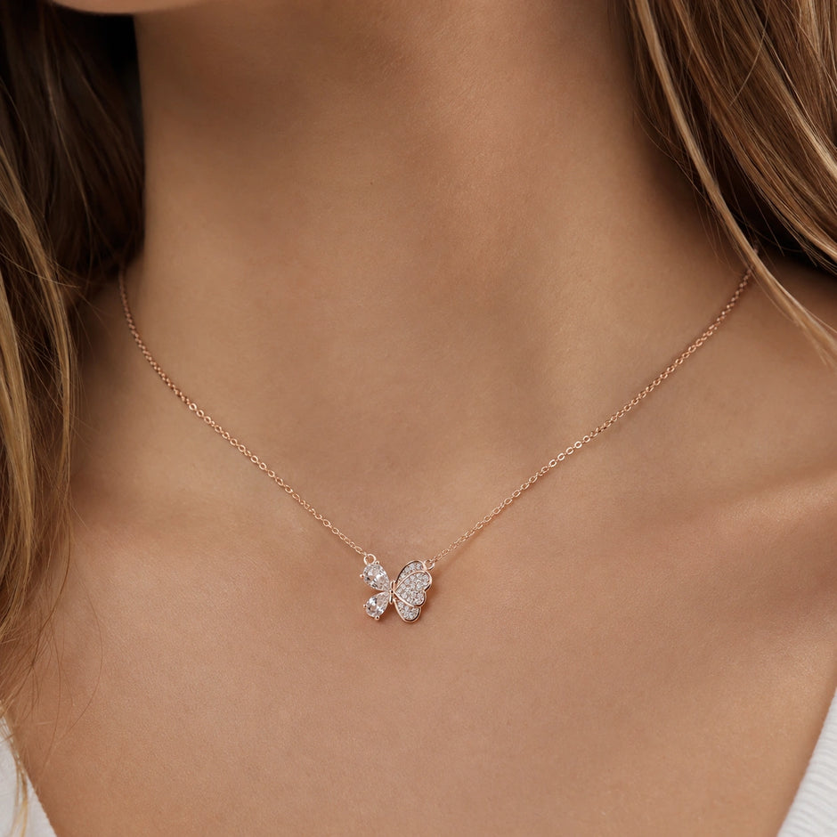 Rose Gold Butterfly & Teardrop Pendant 925 Sterling Silver Chain for Women