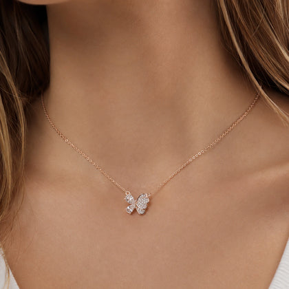 Rose Gold Butterfly & Teardrop Pendant 925 Sterling Silver Chain for Women