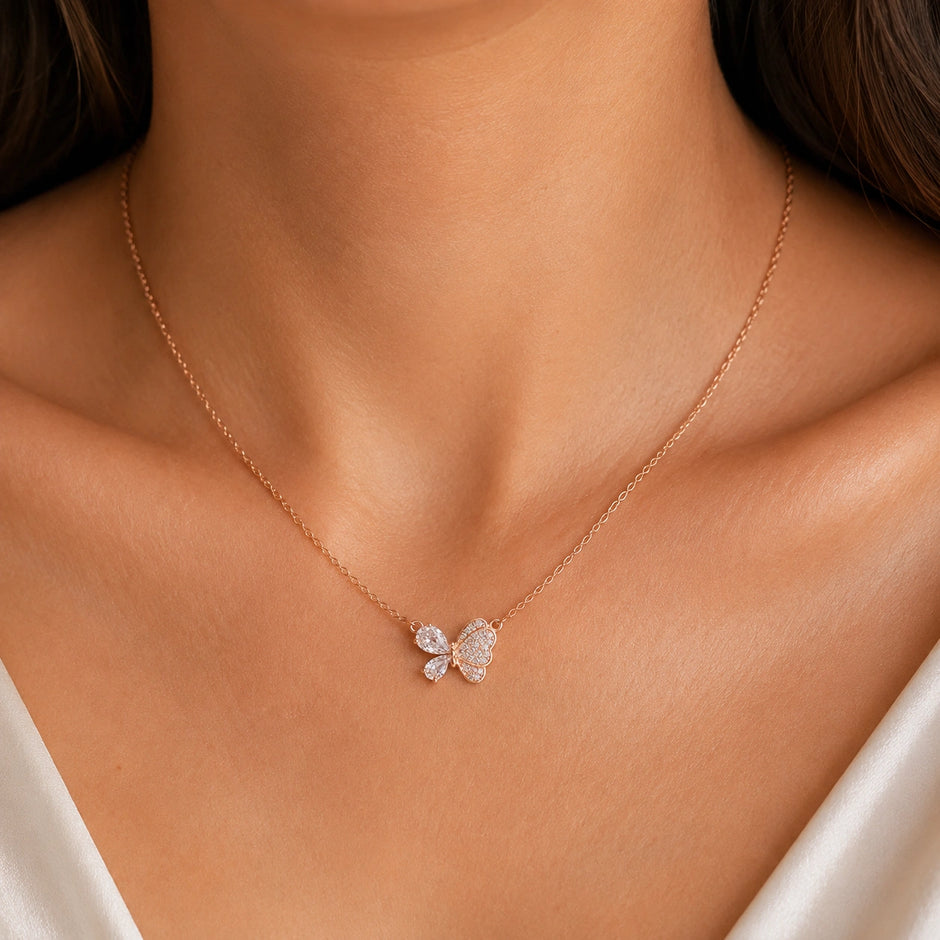 Rose Gold Butterfly & Teardrop Pendant 925 Sterling Silver Chain for Women