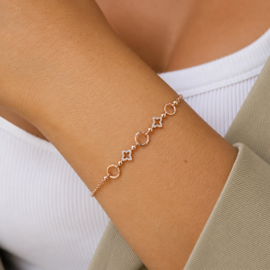 Rose gold 925 sterling silver circle square charm bracelet for women