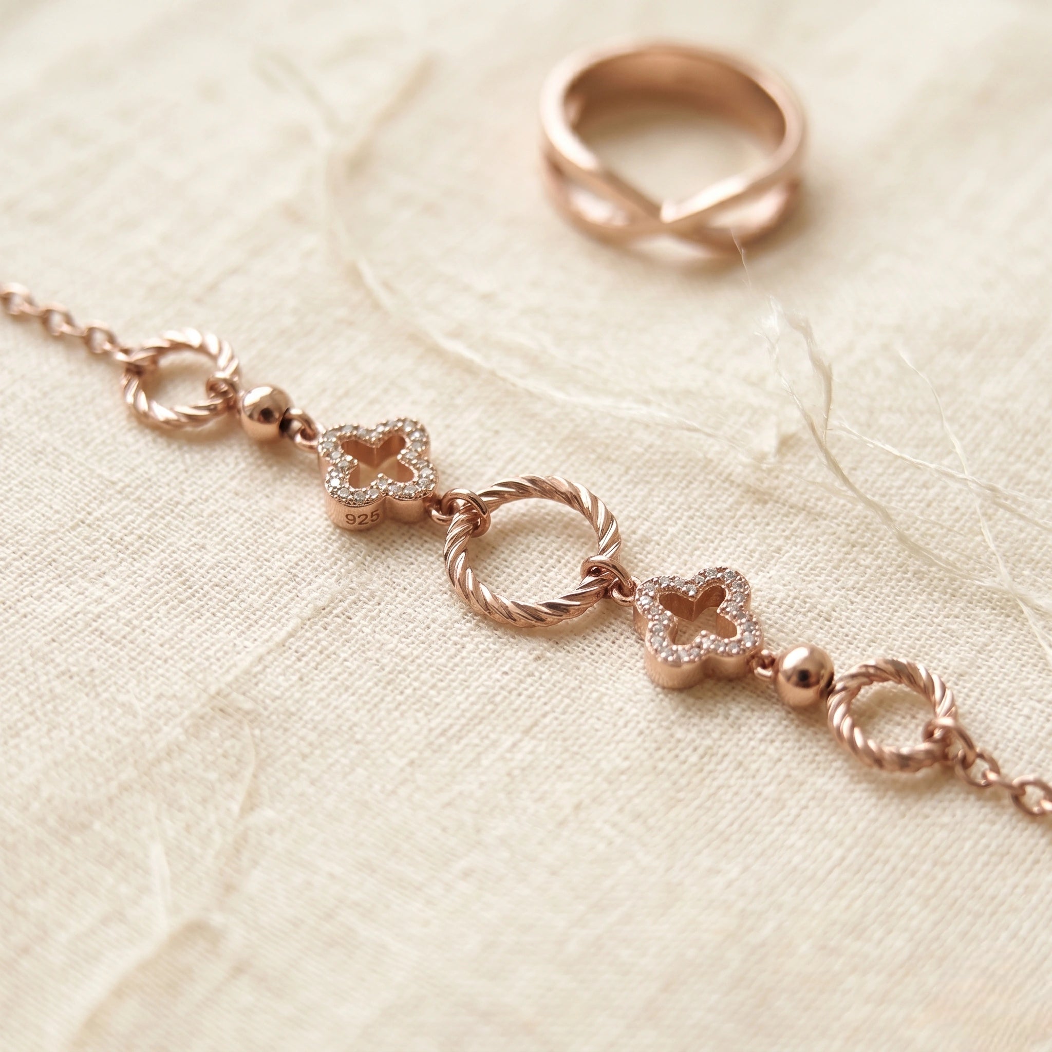 Rose gold 925 sterling silver circle square charm bracelet for women