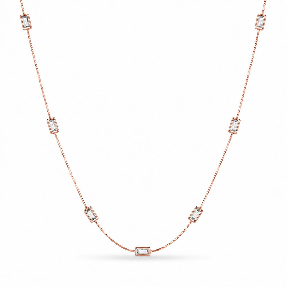 Rose Gold Clear Rectangle Charm 925 Sterling Silver Chain for Women