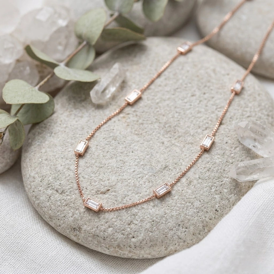 Rose Gold Clear Rectangle Charm 925 Sterling Silver Chain for Women