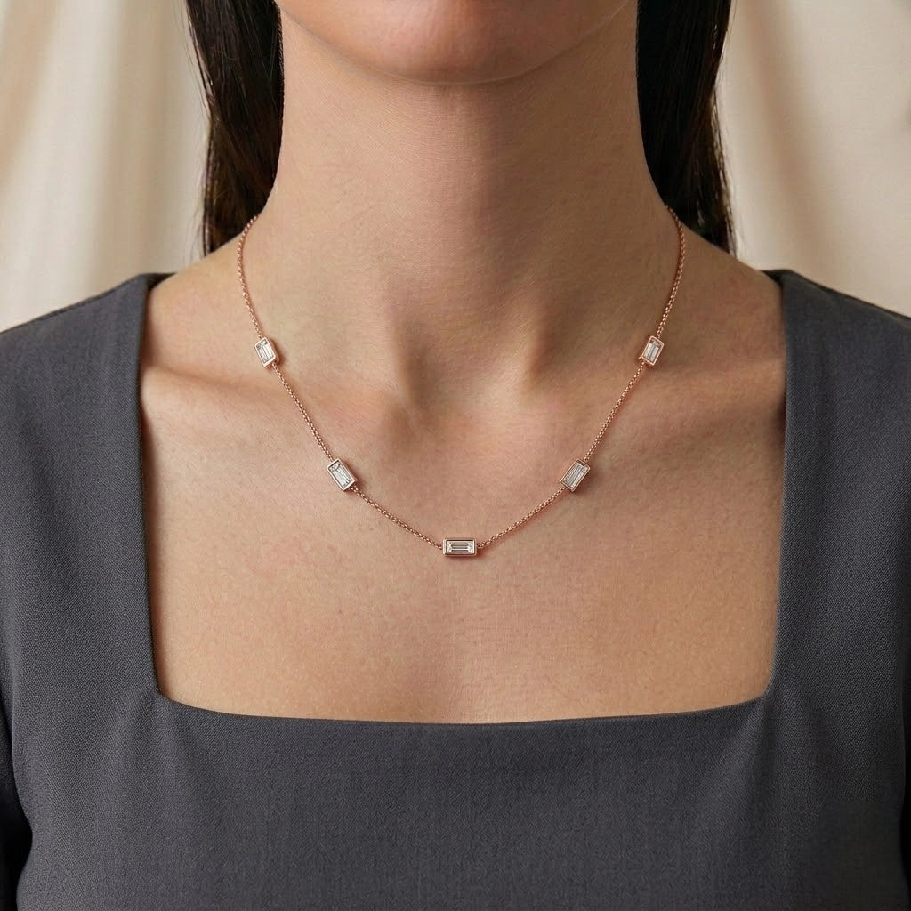 Rose Gold Clear Rectangle Charm 925 Sterling Silver Chain for Women