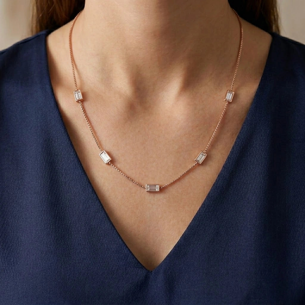 Rose Gold Clear Rectangle Charm 925 Sterling Silver Chain for Women