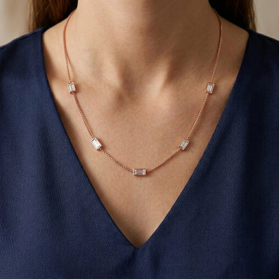 Rose Gold Clear Rectangle Charm 925 Sterling Silver Chain for Women