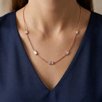925 Sterling Rose Gold Station Necklace for Women with Emerald-Cut Baguette CZ Stones, Minimalist Dainty Chain Necklace