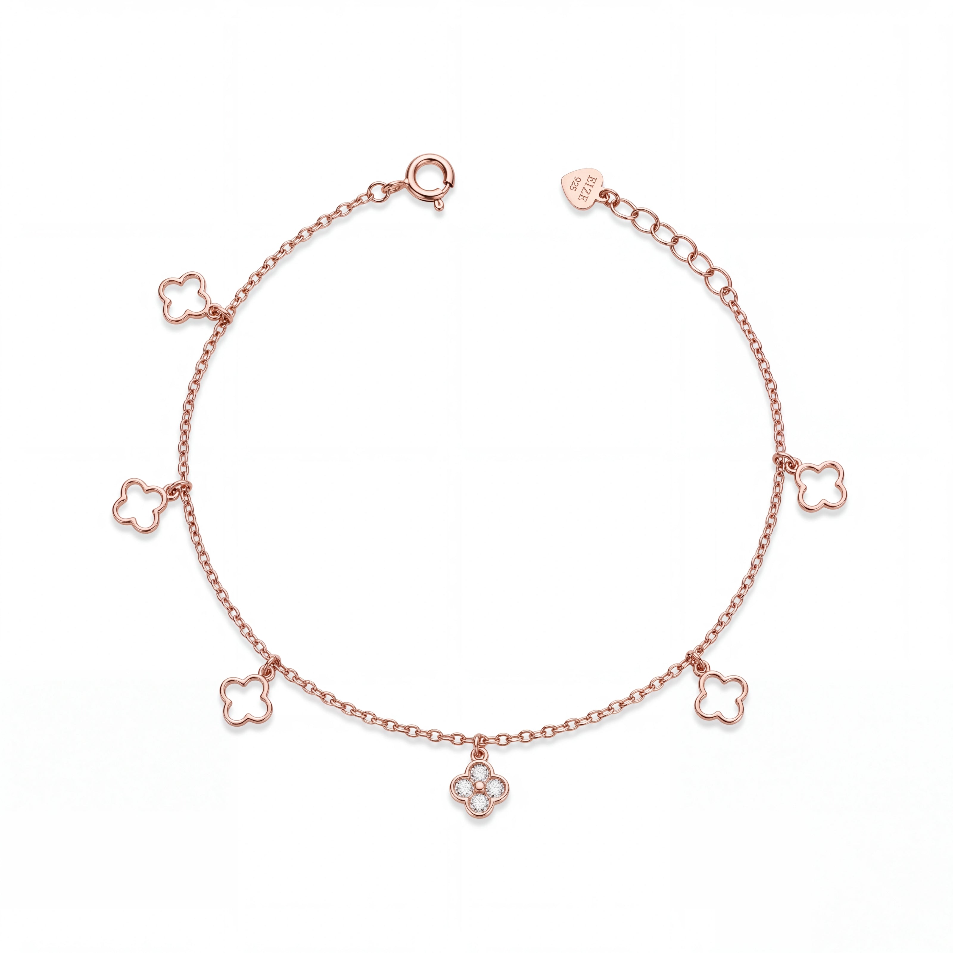 Rose gold 925 sterling silver clover charm bracelet for women