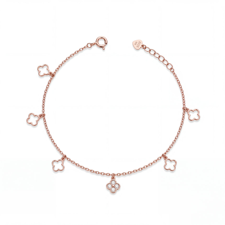 Rose gold 925 sterling silver clover charm bracelet for women