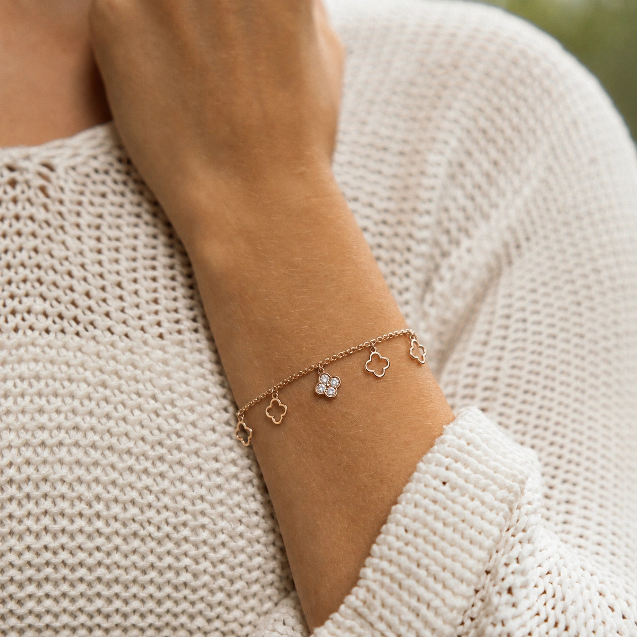 Rose gold 925 sterling silver clover charm bracelet for women