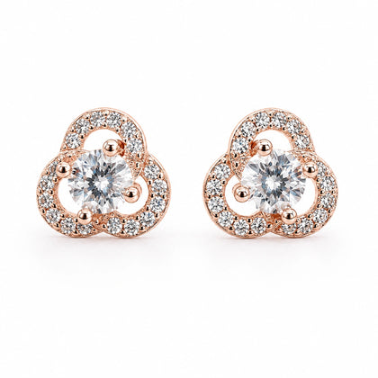 925 Sterling Silver Rose Gold Three-Petal Flower Stud Earrings with Round Cubic Zirconia and Pavé Halo
