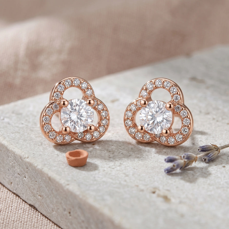 Silver Clover Diamond 925 Sterling Silver Stud Earrings for Women