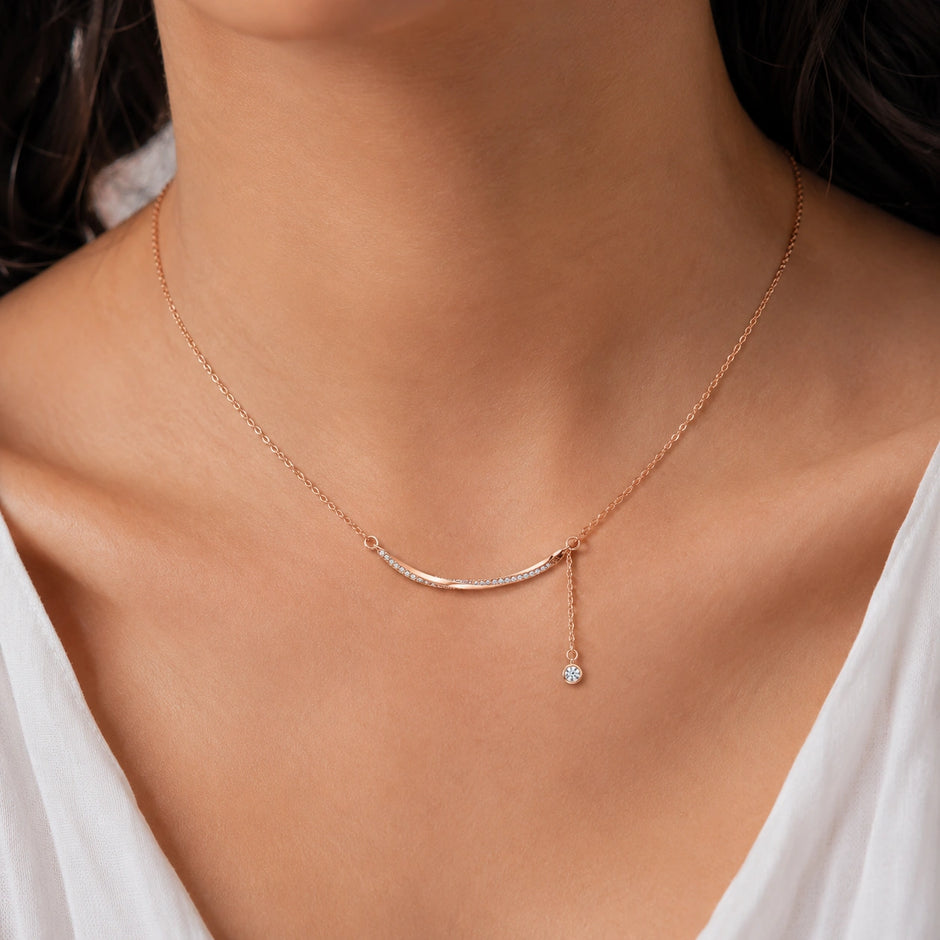 Rose Gold Curved Bar 925 Sterling Silver Pendant Chain for Women