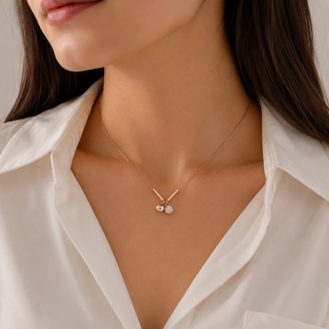 Rose Gold Double Charm 925 Sterling Silver Pendant Chain for Women