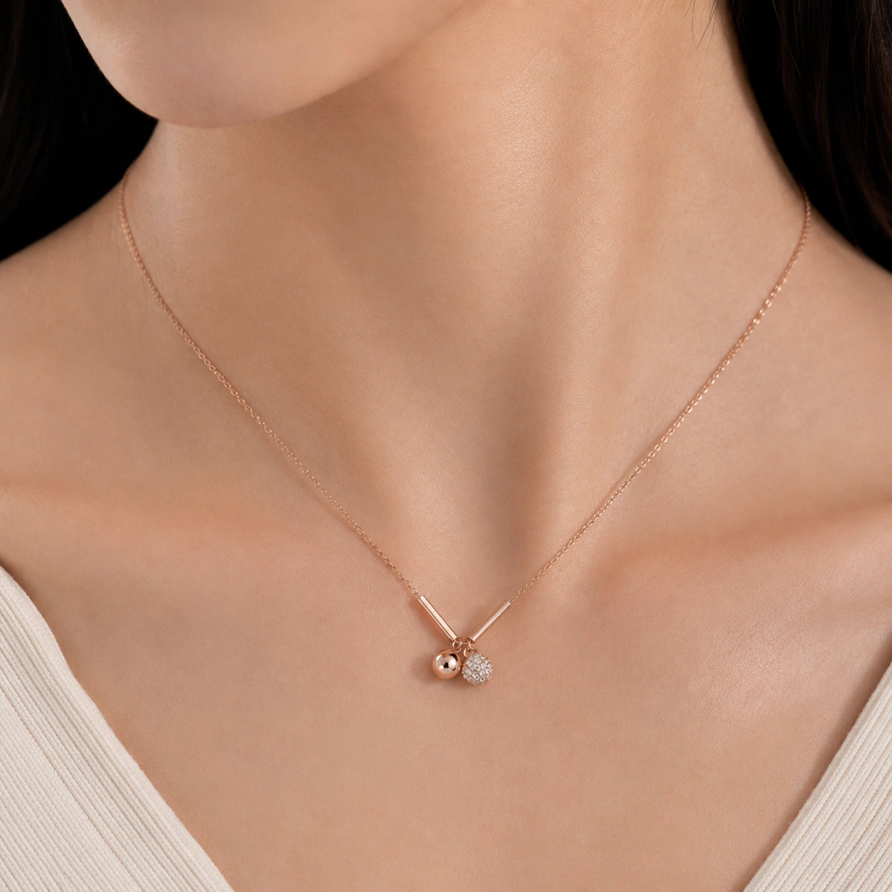 Rose Gold Double Charm 925 Sterling Silver Pendant Chain for Women