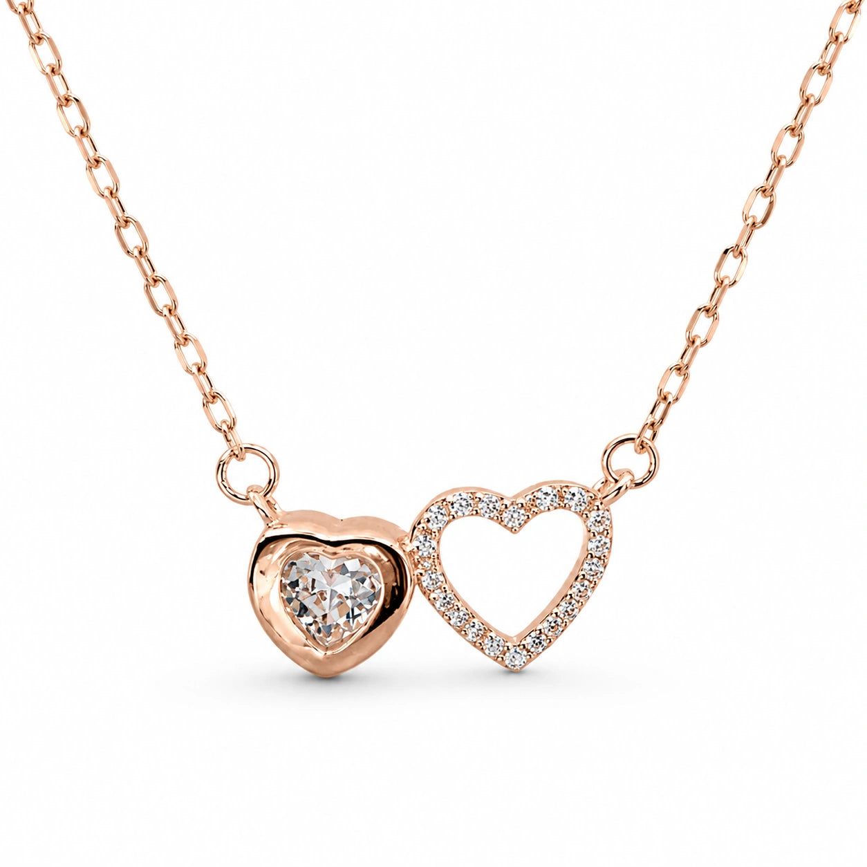 Rose Gold Double Heart 925 Sterling Silver Pendant Chain for Women