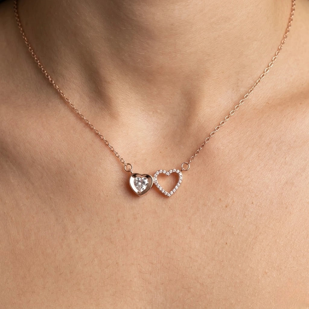 Rose Gold Double Heart 925 Sterling Silver Pendant Chain for Women