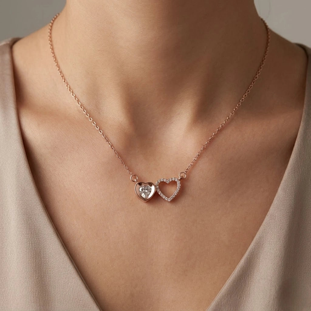 Rose Gold Double Heart 925 Sterling Silver Pendant Chain for Women