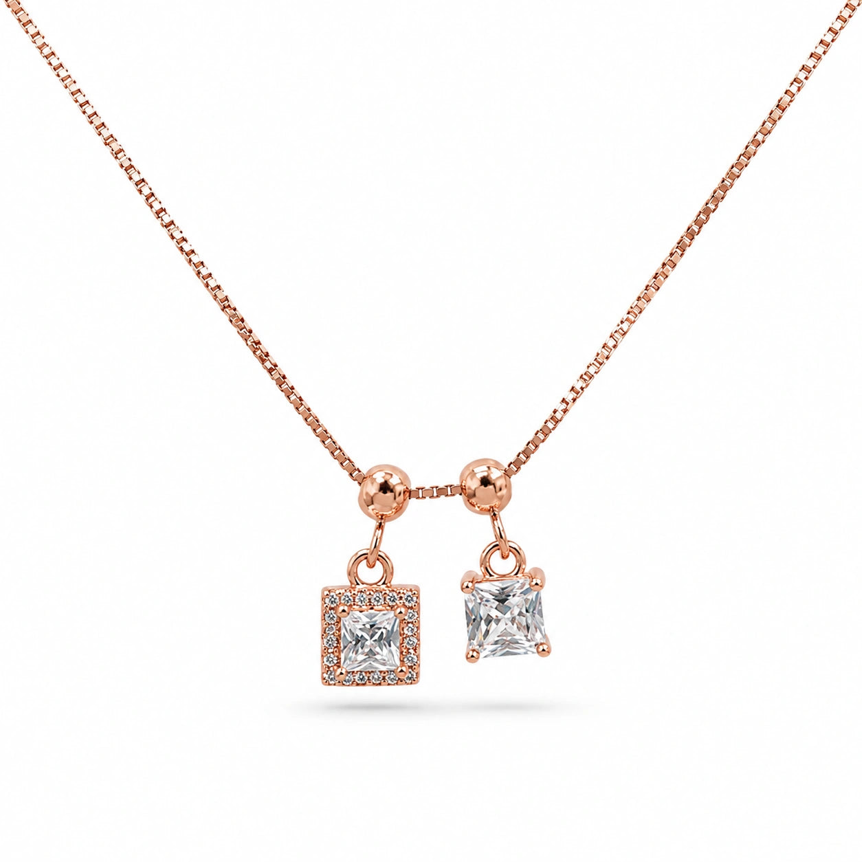 Rose Gold Double Square White Stone Pendant Chain for Women