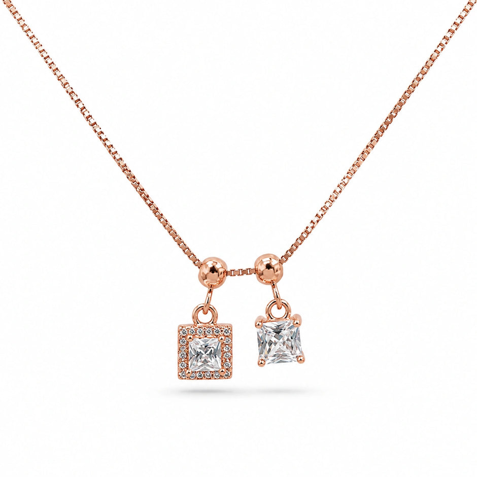 Rose Gold Double Square White Stone Pendant Chain for Women