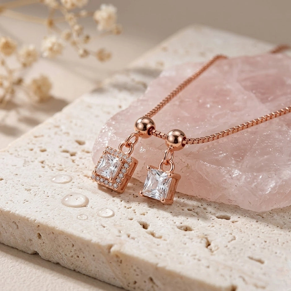 Rose Gold Double Square White Stone Pendant Chain for Women