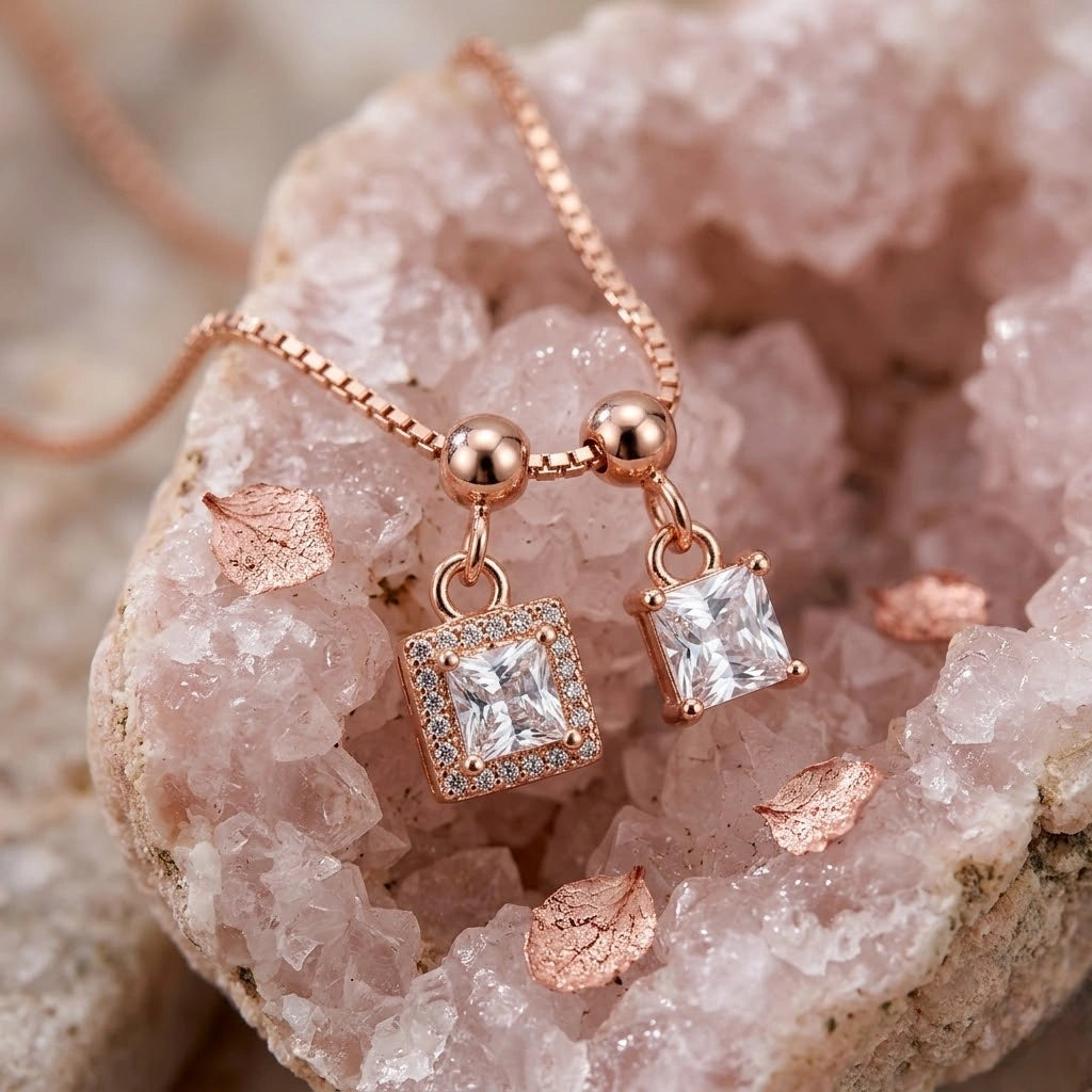 Rose Gold Double Square White Stone Pendant Chain for Women