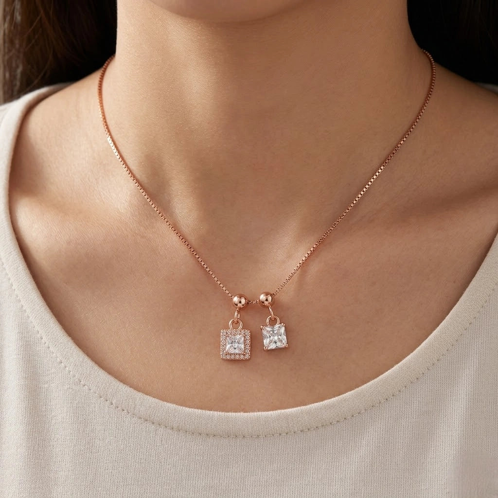Rose Gold Double Square White Stone Pendant Chain for Women